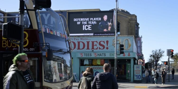 Billboards in support of Immigration and Customs Enforcement appeared in San Francisco, California, ahead of Super Bowl LX, which is scheduled for Feb. 8, 2026.