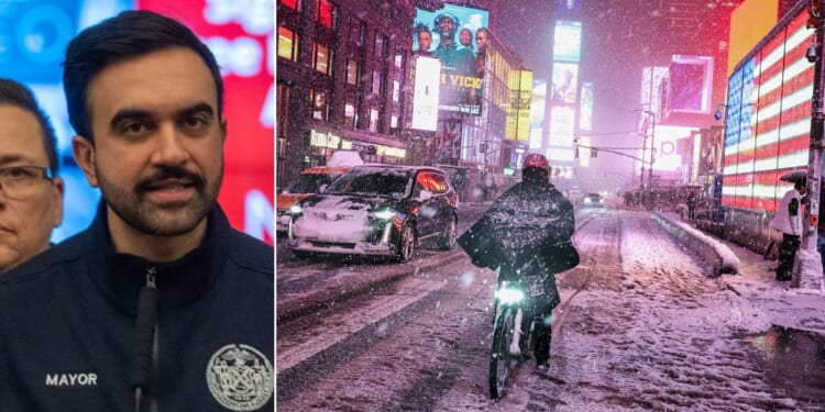 New York City Mayor Zohran Mamdani speaks at a news conference Sunday, left, as New Yorkers braced for one to two feet of snow Sunday and Monday.
