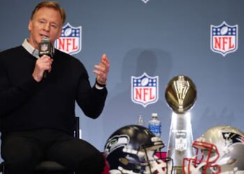 NFL Commissioner Roger Goodell speaks Monday during opening night of Super Bowl week at the San Jose McEnery Convention Center in San Jose, California.