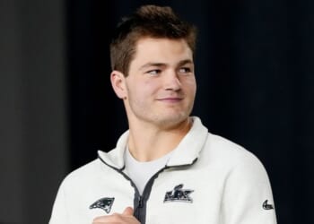 Drake Maye of the New England Patriots looks on during Super Bowl LX Opening Night at San Jose McEnery Convention Center on Feb. 2, 2026, in San Jose, California.