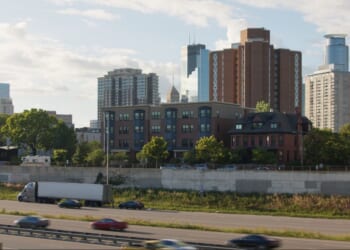 A semi-truck stopped on the freeway in Minneapolis, Minnesota.