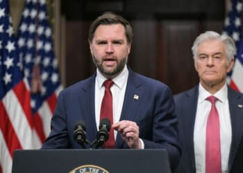 Vice President J.D. Vance, alongside Medicare and Medicaid Administrator Mehmet Oz, speaks about combatting fraud, at the Eisenhower Executive Office Building on the White House complex in Washington, D.C., on Feb. 25, 2026.