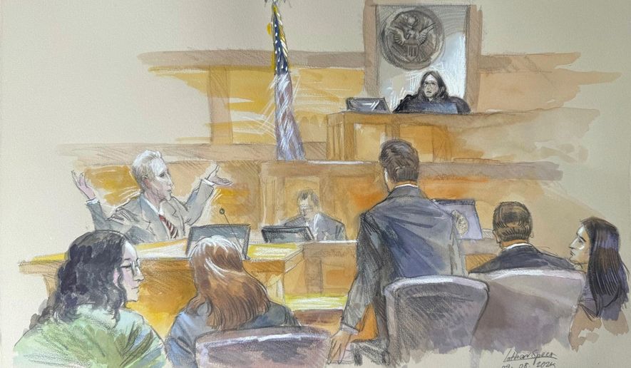 This courtroom sketch shows Ryan Routh, left, throwing his arms up directed at U.S. District Judge Aileen Cannon in frustration as jury selection begins in the trial of Routh, who is charged with attempting to assassinate Donald Trump last year at a golf course in South Florida, Monday, Sept. 8, 2025, in Fort Pierce, Fla. (Lothar Speer via AP, File)