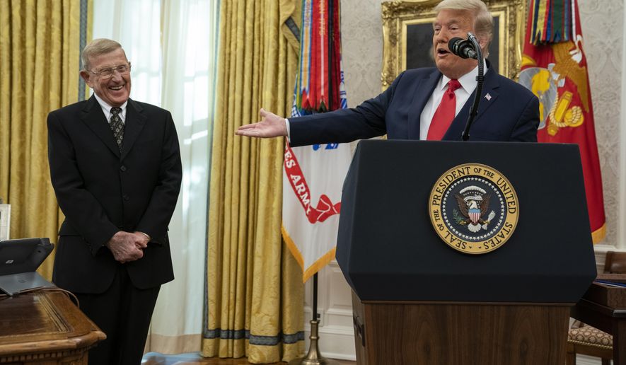 President Donald Trump speaks during a ceremony to present the Presidential Medal of Freedom to former football coach Lou Holtz, in the Oval Office of the White House, Thursday, Dec. 3, 2020, in Washington. (AP Photo/Evan Vucci)