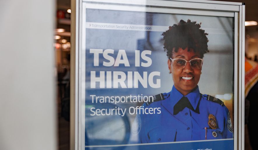 Signage reading "TSA is Hiring" at Philadelphia International Airport, Monday, March 23, 2026, in Philadelphia. (AP Photo/Hannah Beier)