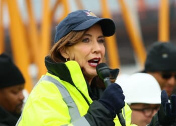 New York Gov. Kathy Hochul speaks at the site of the Gateway Project Construction on Feb. 17, 2026, in New York City.