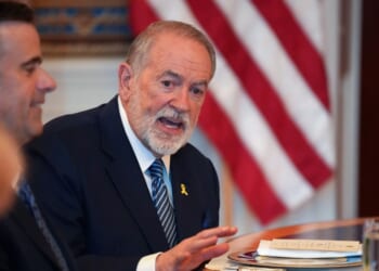 U.S. Ambassador to Israel Mike Huckabee speaks as President Donald Trump hosts Israeli Prime Minister Benjamin Netanyahu for a dinner at the White House in Washington, DC on July 7, 2025.