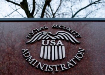 The Social Security Administration’s logo displayed outside of the Maryland headquarters on February 19, 2025.