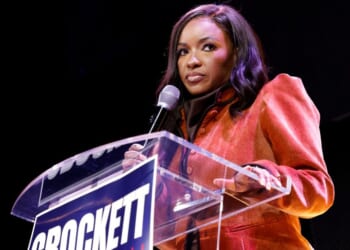 Rep. Jasmine Crockett speaks with supporters at her Senate Primary election night party on March 3, 2026 in Dallas, Texas.