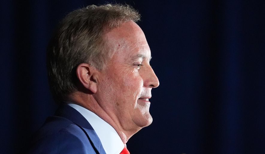 Texas Attorney General Ken Paxton, a Republican candidate for the U.S. Senate, speaks during a primary election night watch party Tuesday, March 3, 2026, in Dallas. (AP Photo/Julio Cortez)