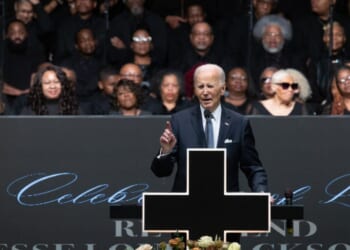 Former President Joe Biden speaks at a celebration of life service for Rev. Jesse Jackson Sr. at the House of Hope arena on March 6, 2026, in Chicago, Illinois.