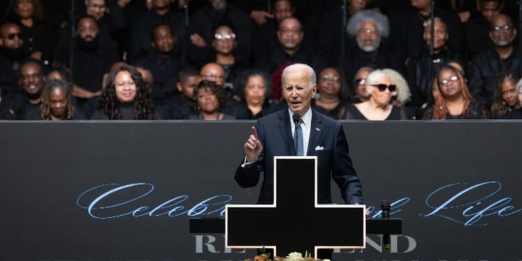 Former President Joe Biden speaks at a celebration of life service for Rev. Jesse Jackson Sr. at the House of Hope arena on March 6, 2026, in Chicago, Illinois.