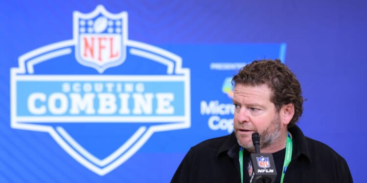 General manager John Schneider of the Seattle Seahawks speaks to the media during the 2026 NFL Scouting Combine at Lucas Oil Stadium on Feb. 24, 2026, in Indianapolis, Indiana.