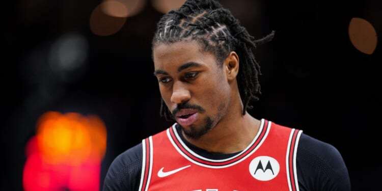 Jaden Ivey of the Chicago Bulls looks down during a game against the Brooklyn Nets at Barclays Center in New York City on Feb. 9, 2026.