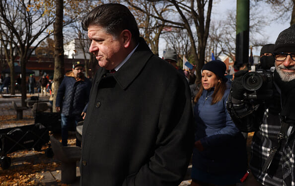 Illinois Governor J.B. Pritzker walks at Veterans Day ceremony in Little Village on November 11, 2025.