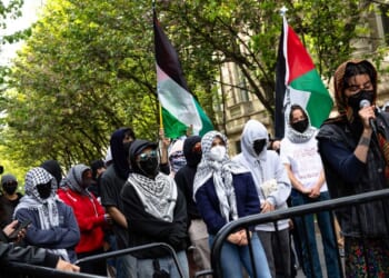 A group of protesters supporting the people of Gaza gather outside Hamilton Hall at Columbia University in New York City on April 30, 2024.