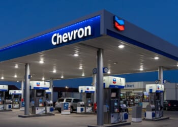 A night view of a Chevron gas station at night in Dallas, Texas, on March 19, 2022.
