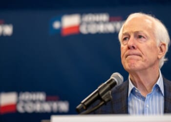 Sen. John Cornyn speaks to members of the media at the Austin Marriott Downtown on March 3, 2026, in Austin, Texas.