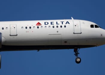 A Delta Air Lines plane prepares to land at Los Angeles International Airport in Los Angeles on March 7, 2026.