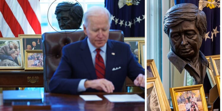 A sculpted bust of disgraced farmworker union organizer Cesar Chavez is seen in during an "early preview" of the redesigned Oval Office awaiting President Joe Biden Jan. 20, 2021, right, and again behind Biden among his family photos on Jan. 28 of that same year.