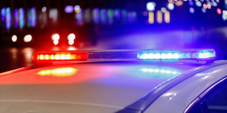 Police lights flash on top of a police car in a city at night.