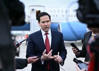 Secretary of State Marco Rubio speaks to the news media Friday following a G7 Foreign Ministers' meeting with partner countries before his departure at the Bourget airport outside Paris.