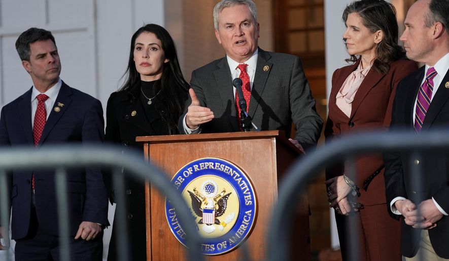 Rep. James Comer, R-Ky., speaks outside the Chappaqua Performing Arts Center where former President Bill Clinton was testifying before U.S. House lawmakers as part of a congressional investigation into convicted sex offender Jeffrey Epstein, Friday, Feb. 27, 2026, in Chappaqua, N.Y. (AP Photo/Angelina Katsanis)