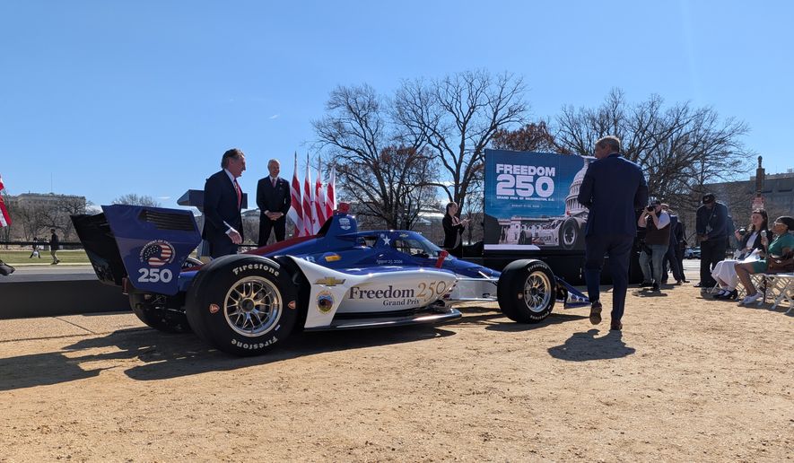 Washington, D.C. Mayor Muriel Bowser joined Ambassador Monica Crowley, Secretary of the Interior Doug Burgum and Secretary of Transportation Sean Duffy as IndyCar officials unveiled the circuit for the Freedom 250 Grand Prix, which will come to the National Mall on Aug. 23. (Liam Griffin/The Washington Times)