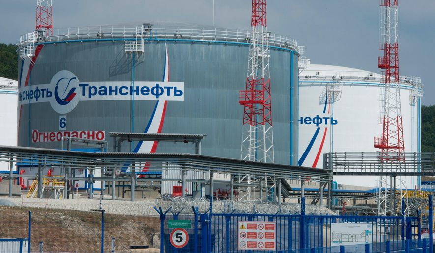 FILE - The Sheskharis oil terminal in Novorossiisk, in southern Russia, is seen on Thursday, Aug. 20, 2015. (Sergei Guneyev, Sputnik, Kremlin Pool Photo via AP, File)