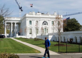 Tower cranes being used for construction of the White House Ballroom are seen at the White House Tuesday.