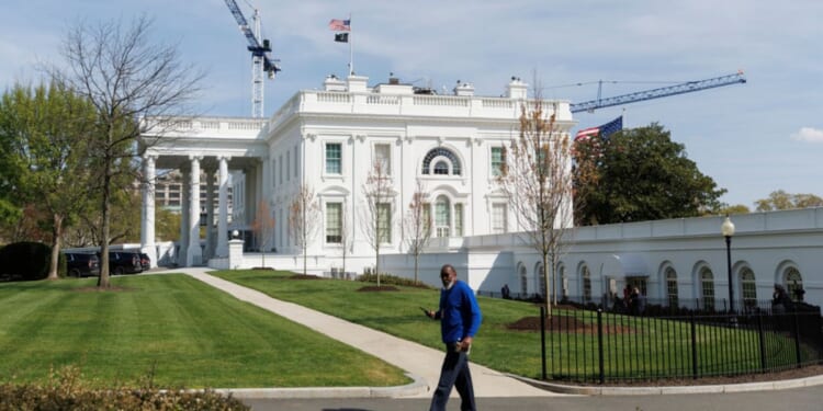 Tower cranes being used for construction of the White House Ballroom are seen at the White House Tuesday.