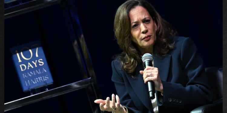 Former Vice President Kamala Harris speaks onstage Oct. 8 in Atlanta, Georgia, during her "107 Days" book tour.