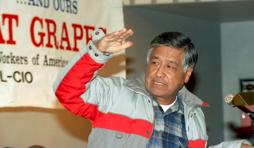 Farm labor leader Cesar Chavez speaks at Boston University in Boston, Massachusetts, on Feb. 26, 1990. (AP Photo/Elise Amendola) **FILE**