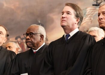 Associate Supreme Court Justices Samuel Alito, Clarence Thomas, and Brett Kavanaugh, as well as U.S. Chief Justice John Roberts, look on during inauguration ceremonies in the Rotunda of the U.S. Capitol on Jan. 20, 2025, in Washington, D.C.