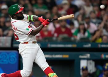 Mexico's Randy Arozarena doubles during the first inning of a World Baseball Classic game against Brazil on March 8, 2026, in Houston, Texas.