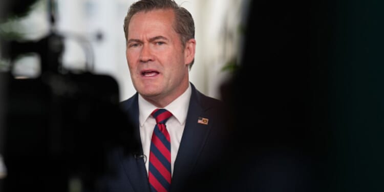 Mike Waltz standing across from a camera on White House grounds participating in an interview on May 1, 2025.