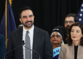New York City Mayor Zohran Mamdani is joined by New York Gov. Kathy Hochul at an event in Brooklyn to support more housing construction in New York City on Feb. 10, 2026, in New York City.