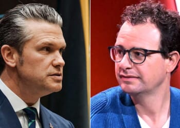 Anthropic co-founder and CEO Dario Amodei, right, indicated he will take legal action after Secretary of War Pete Hegseth, left, said the Department of War would declare the company a supply-chain risk.