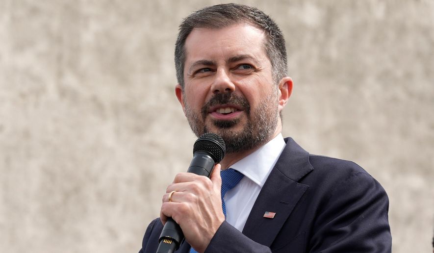 Former U.S. Sec. Transportation Pete Buttigieg speaks ahead of the 61st Bloody Sunday Anniversary march, Sunday, March 8, 2026, in Selma, Ala. (AP Photo/Mike Stewart)