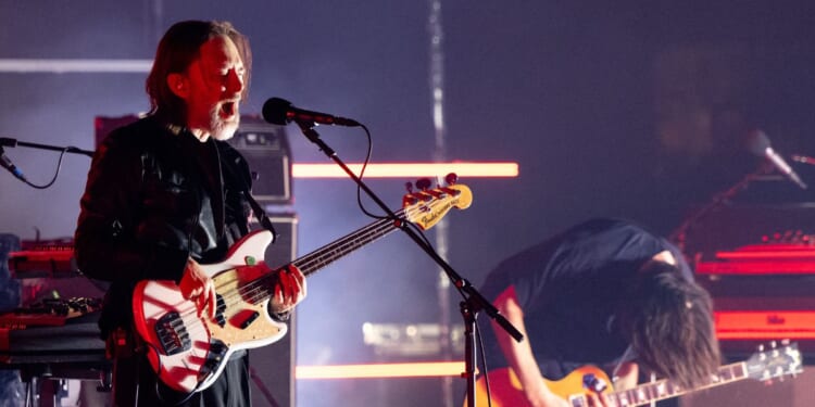 Musicians Thom Yorke and Jonny Greenwood, founding members of Radiohead, perform onstage with The Smile during the "Light for Attracting Attention Tour" at Shrine Auditorium and Expo Hall on Dec. 21, 2022, in Los Angeles, California.