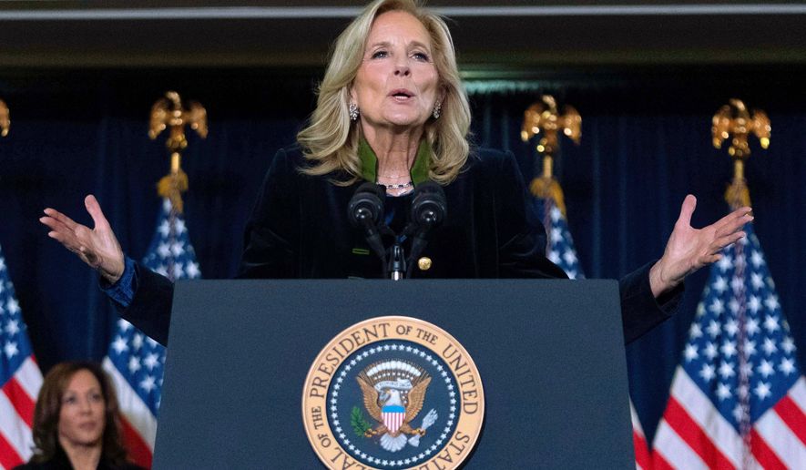 First lady Jill Biden speaks at the Democratic National Committee's Holiday Reception at Willard Hotel in Washington, Dec. 15, 2024. (AP Photo/Jose Luis Magana, File)