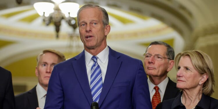 Senate Majority Leader John Thune speaks during a news briefing after a weekly Senate Republican Policy Luncheon at the U.S. Capitol on March 24, 2026, in Washington, D.C.