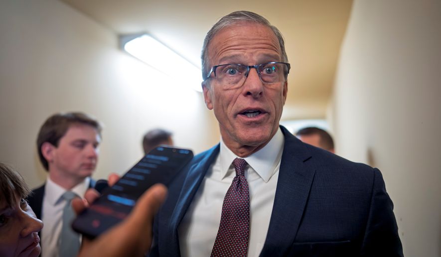 Senate Majority Leader John Thune, R-S.D., is met by reporters after a closed door meeting with fellow Republicans on the Homeland Security budget stalemate, at the Capitol in Washington, Thursday, March 26, 2026. (AP Photo/J. Scott Applewhite)