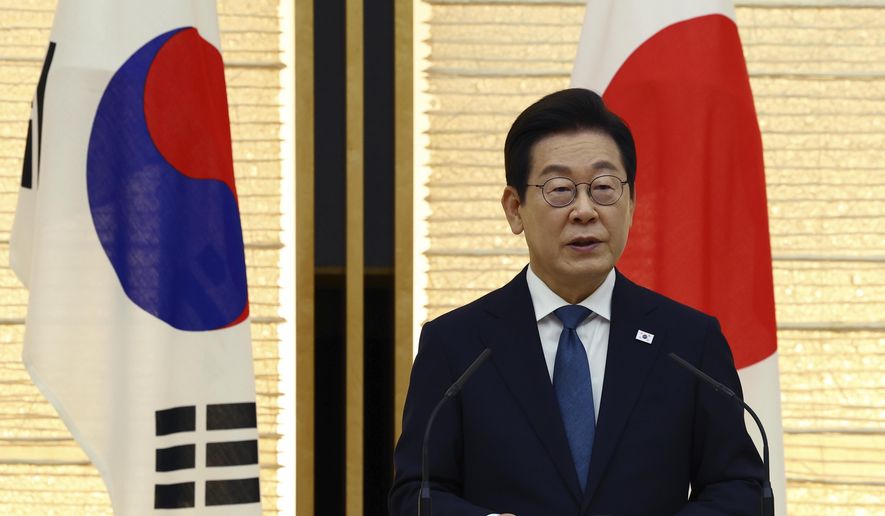 South Korean President Lee Jae-myung speaks at a joint press announcement with Japan's Prime Minister Shigeru Ishiba (not in the picture) after the summit in Tokyo, Saturday, Aug. 23, 2025. (Kim Kyung-Hoon/Pool Photo via AP) ** FILE **