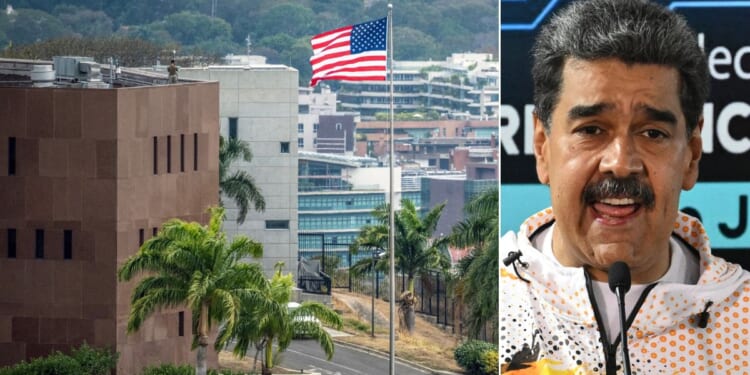 The U.S. flag flutters at the U.S. embassy in Caracas on March 14, 10 days after the restoration of diplomatic relations following the capture of ousted leader Nicolás Maduro in a U.S. military raid.