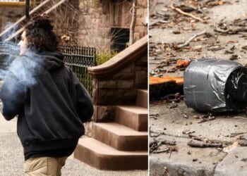 A left-wing activist throws a homemade explosive device at protesters demonstrating against Muslim prayer saturating public space in front of New York mayor Zohran Mamdani's residence in New York on March 7, 2026.