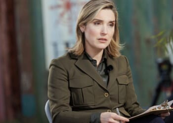 Margaret Brennan sits in Eagle Pass, Texas to interview Speaker of the House Mike Johnson on Jan. 3, 2024.