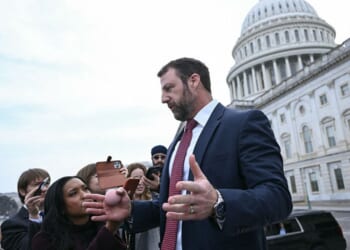 Oklahoma GOP Sen. Markwayne Mullin speaks to reporters Thursday outside the Capitol in Washington, D.C. Earlier in the day, President Donald Trump announced that he was replacing Kristi Noem, as head of the Department of Homeland Security and said he wants Mullin to take over the job.