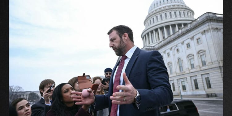 Oklahoma GOP Sen. Markwayne Mullin speaks to reporters Thursday outside the Capitol in Washington, D.C. Earlier in the day, President Donald Trump announced that he was replacing Kristi Noem, as head of the Department of Homeland Security and said he wants Mullin to take over the job.
