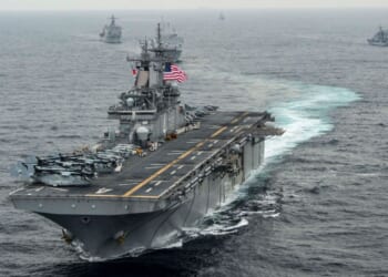 In this handout photo provided by the U.S. Navy, the amphibious assault ship USS Boxer transits the East Sea on March 8, 2016, during Exercise Ssang Yong 2016.